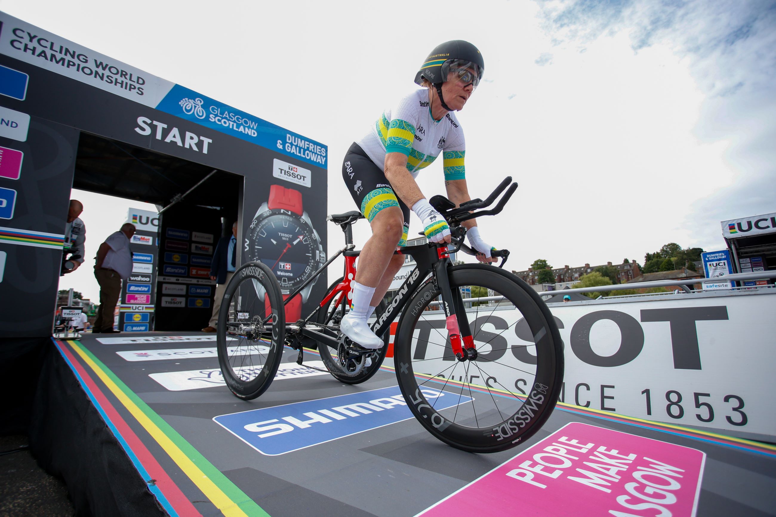 Australian para-cycling tricyclist Carol Cooke rolls down the start ramp in the individual time trial at the 2023 UCI Para-cycling Road World Championships in Scotland